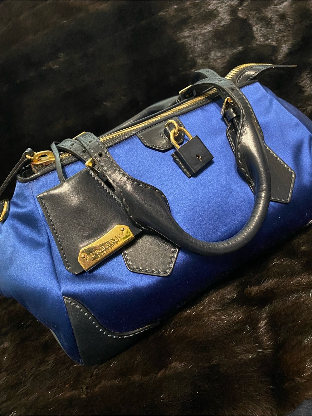 Burberry Prorsum Blaze Satchel Duchess Satin & Leather Sapphire Bag w/Lock